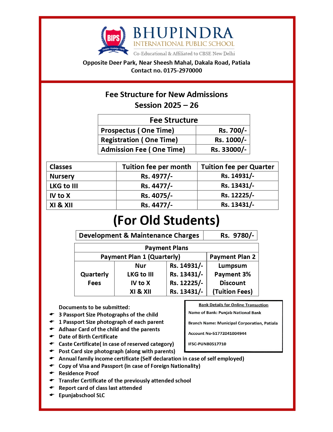 Fee Structure of Bhupindra International public school  2025-26