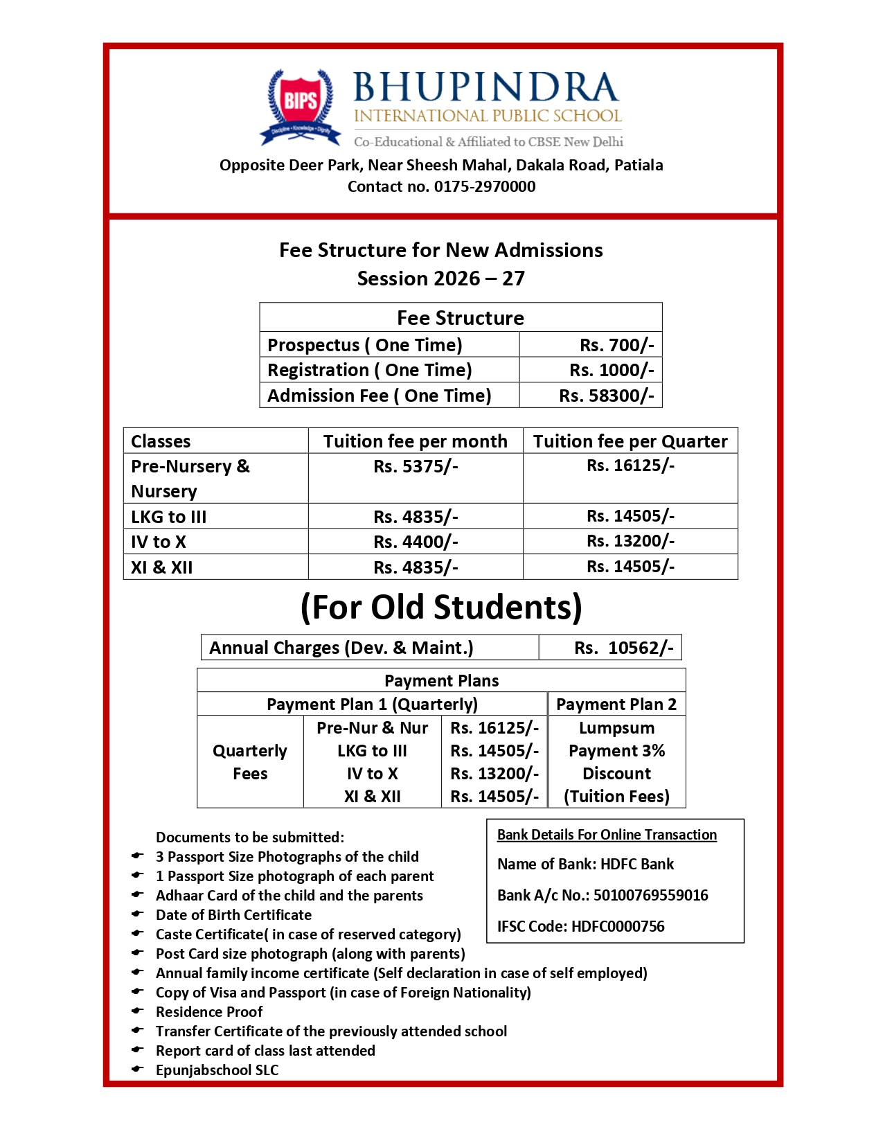 Fee Structure of Bhupindra International public school  2024-25